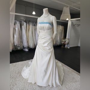 Ella Rosa wedding dress with blue accents and crystal beading, size 8.